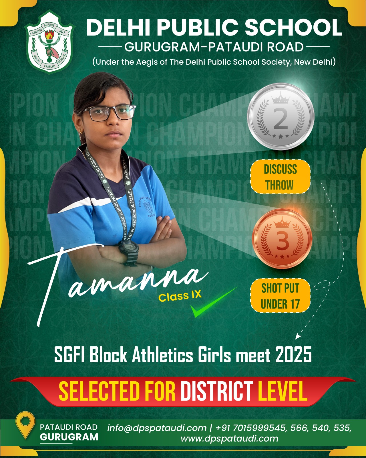 Tammana of DPS Pataudi wins Gold medal